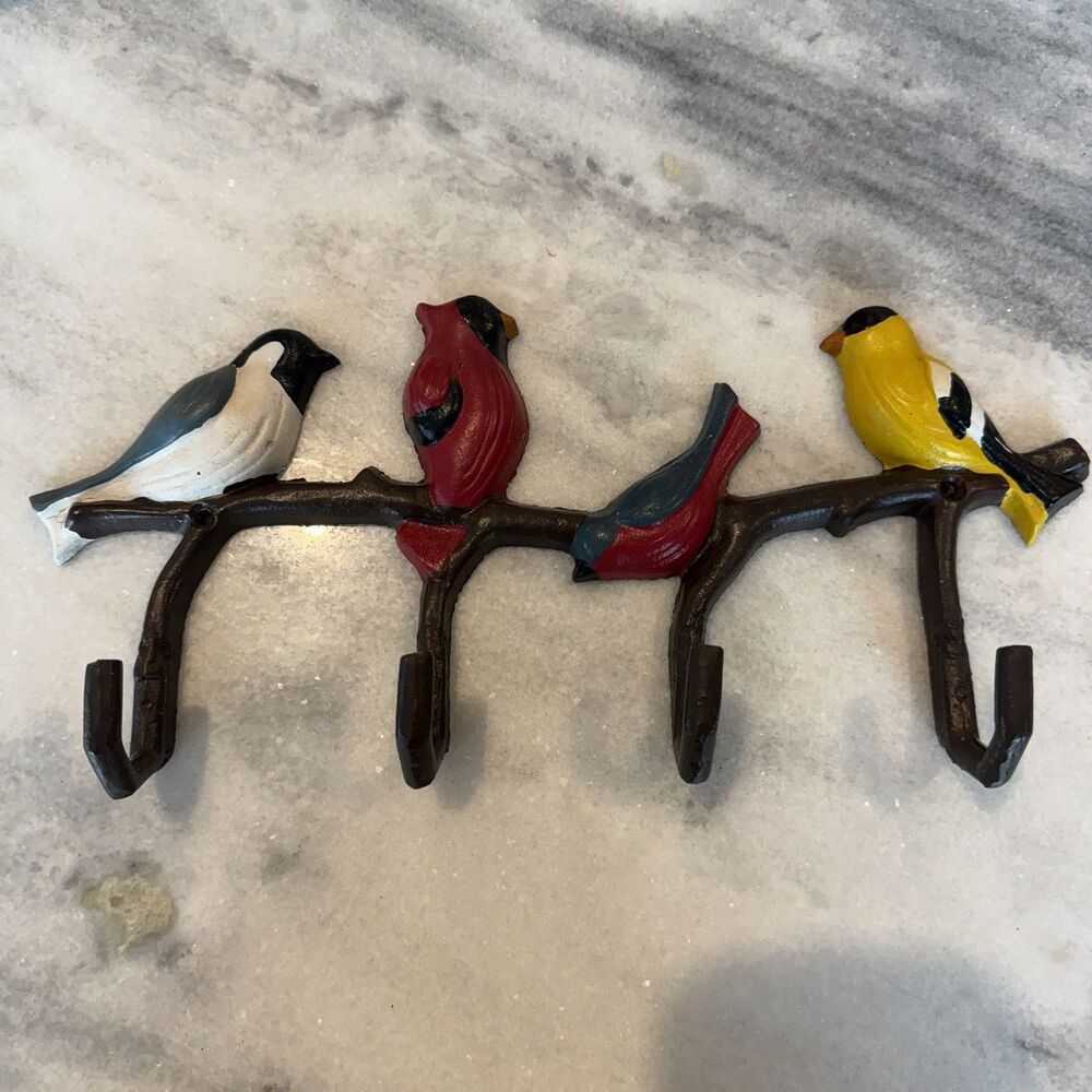 Colorful Perched Birds On Branch Row of Hooks Coat Rack Cast Iron Wall Mount 12"